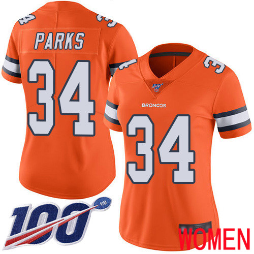 Women Denver Broncos 34 Will Parks Limited Orange Rush Vapor Untouchable 100th Season Football NFL Jersey